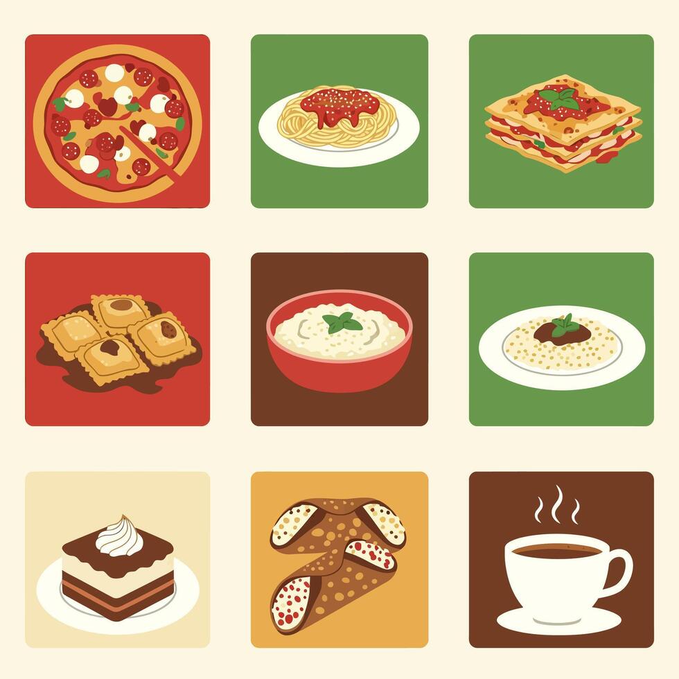 Italian Food Icons Pizza with Pasta, and Dessert. vector