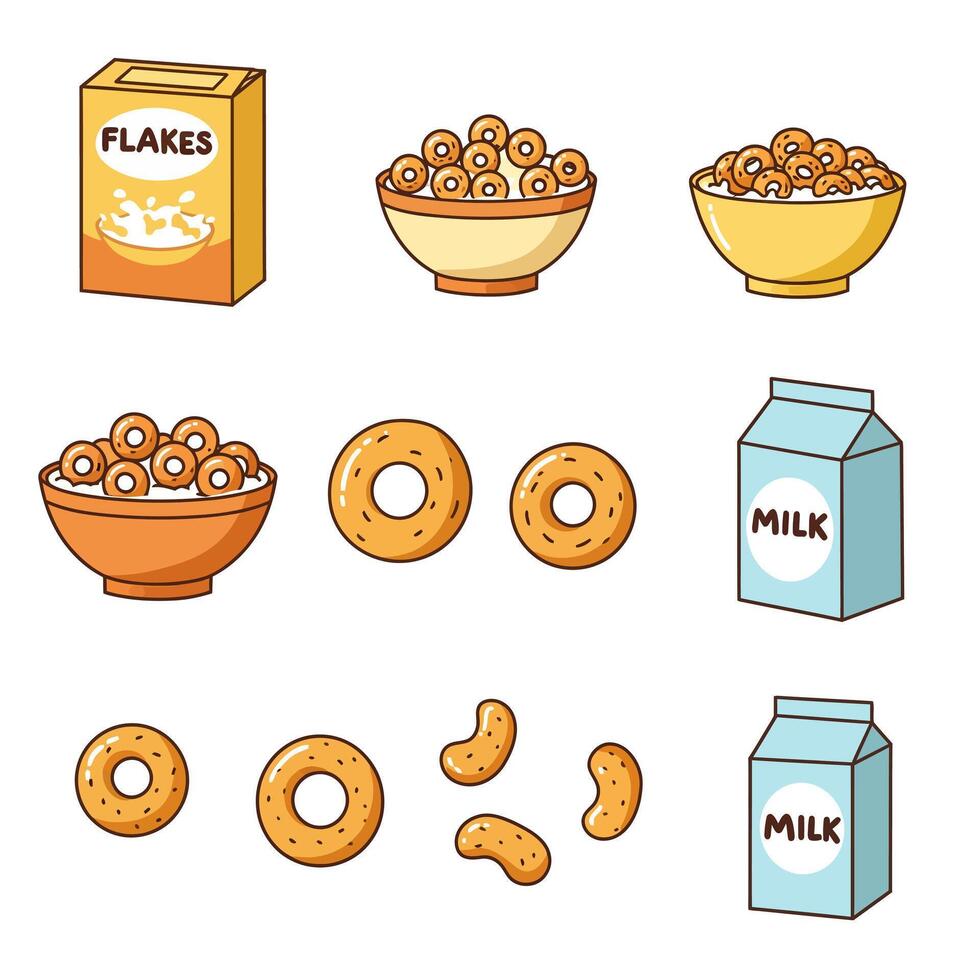 Cartoon Cereal Breakfast Food Icons Set. vector