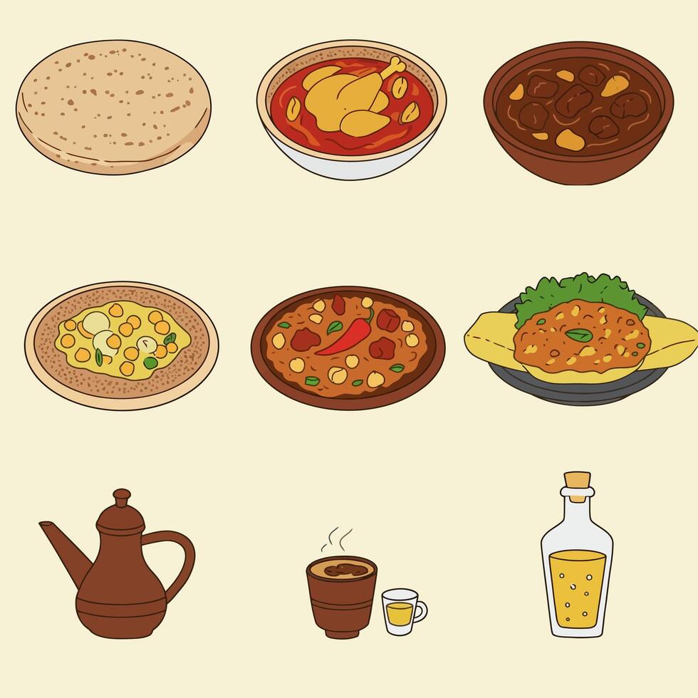Middle Eastern cuisine with food set, and dishes. vector