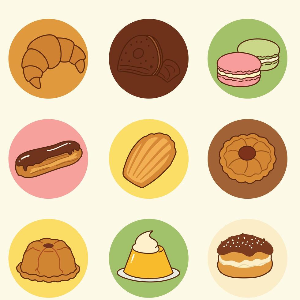 Bakery Icons Set Pastries with Cakes, and Sweets. vector