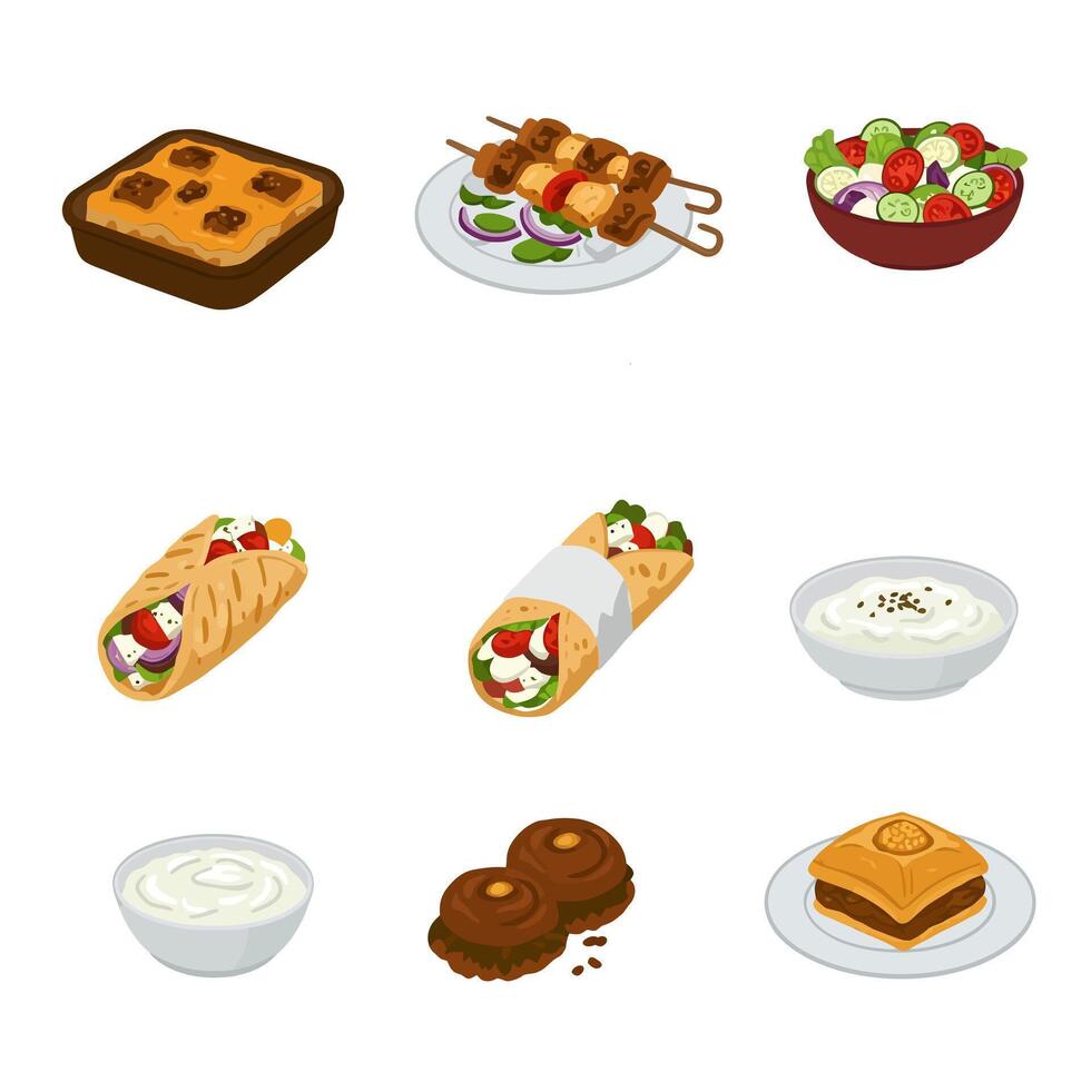 Greek Food Set Cuisine Diet . vector