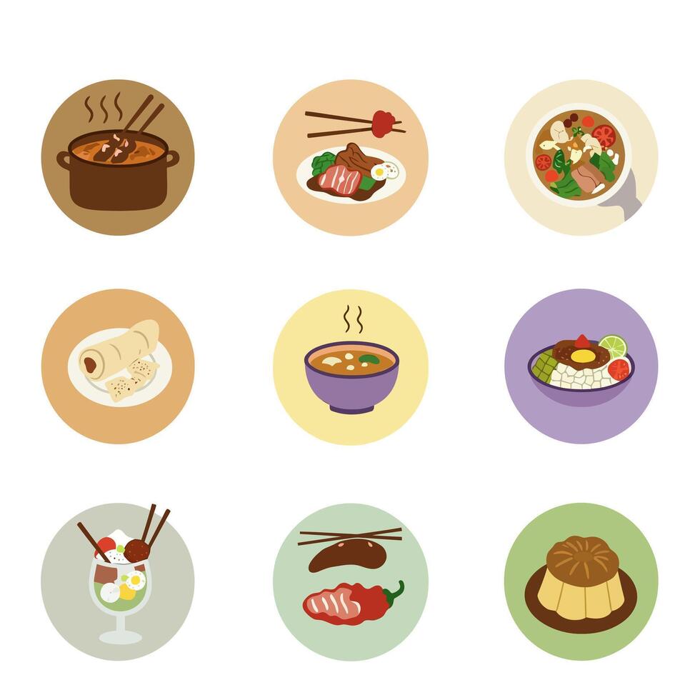 Asian food icons set dishes. vector