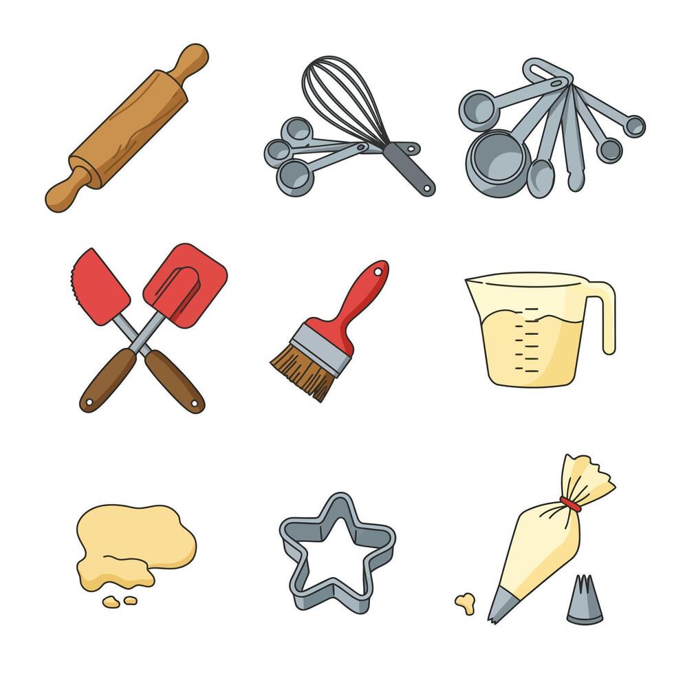 Baking tools set Kitchen utensils Cartoon style. vector