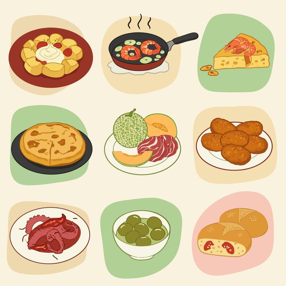 Tapas with Spanish cuisine, and food illustration. vector