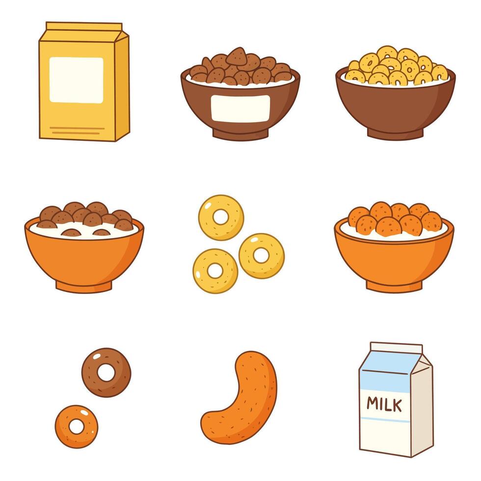 Cereal Breakfast Food Icons Set Cartoon . vector