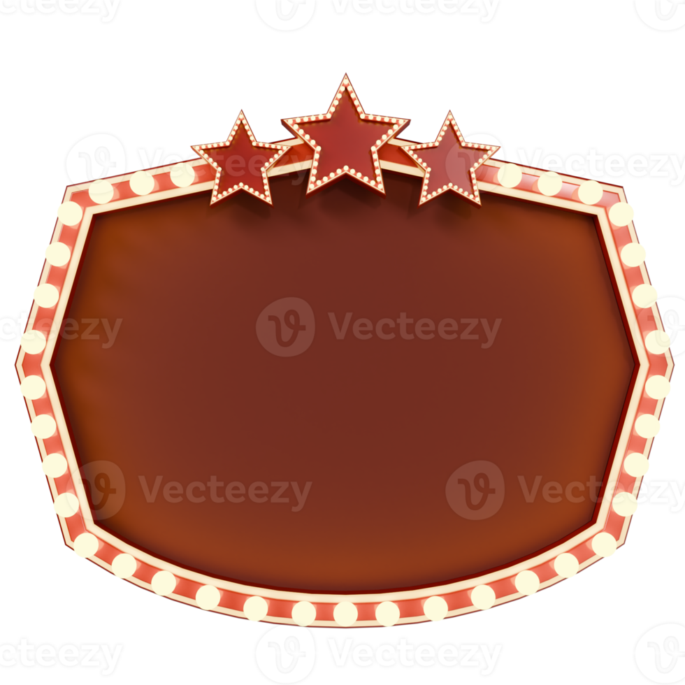 3D rendering of a retro billboard or blank board with a light bulb and a star icon. concept Now showing. Showtime Retro Signs png