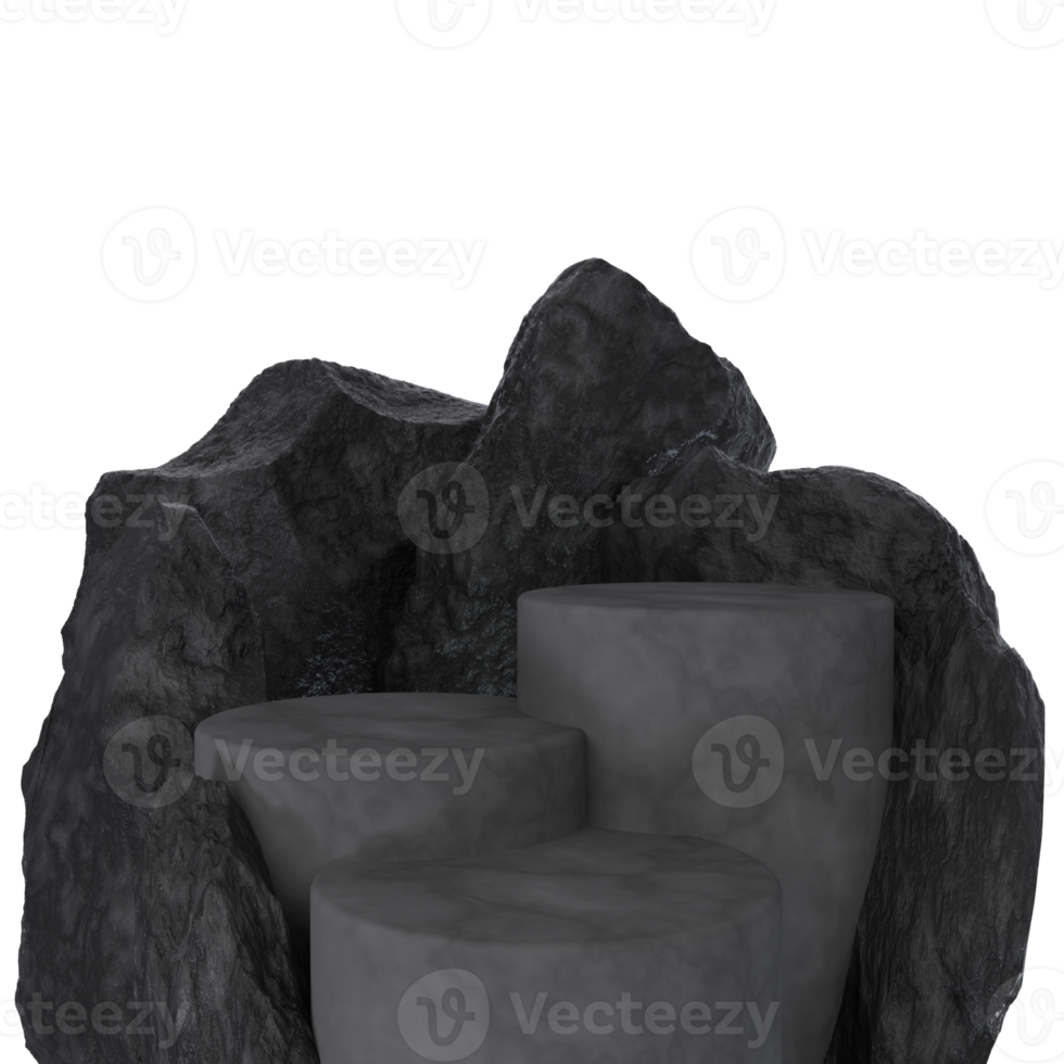 3d render of black rocks with black podium. for display of promoted png