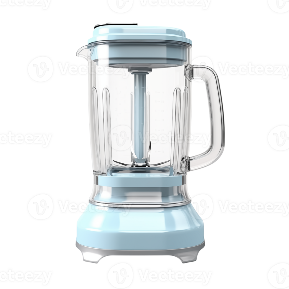 A close up shot of a light blue blender with a clear pitcher against a transparent background in a studio png