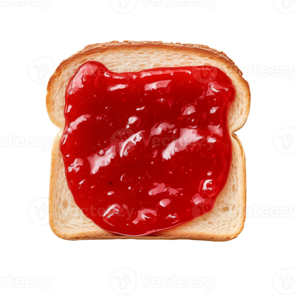 A slice of bread with strawberry jam spread on top against a plain transparent background studio shot png