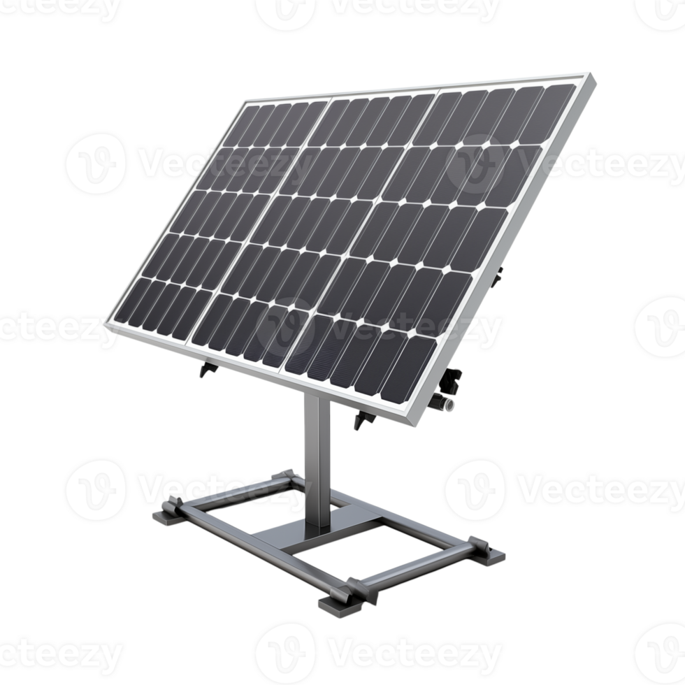 A single solar panel on a metal stand against a transparent background in a studio setting view from the front png