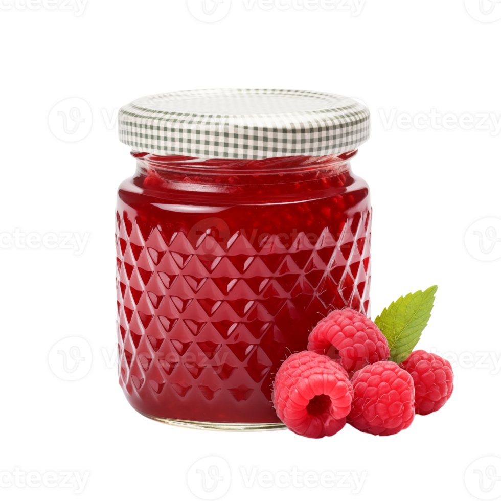 Raspberry jam in a glass jar with a checkered lid and fresh raspberries on a transparent background png