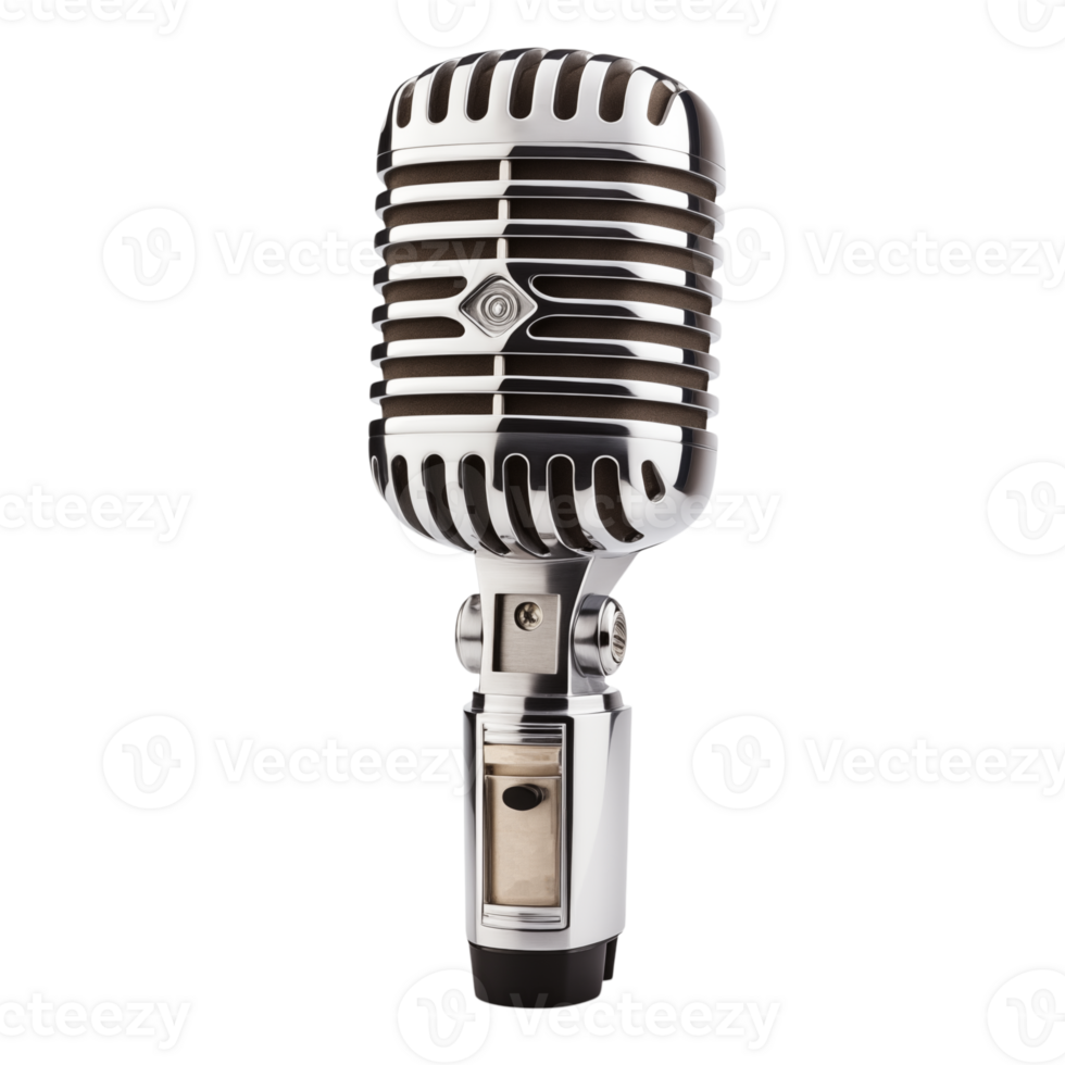 A shiny chrome vintage microphone stands on a transparent background in a studio setting for recording png