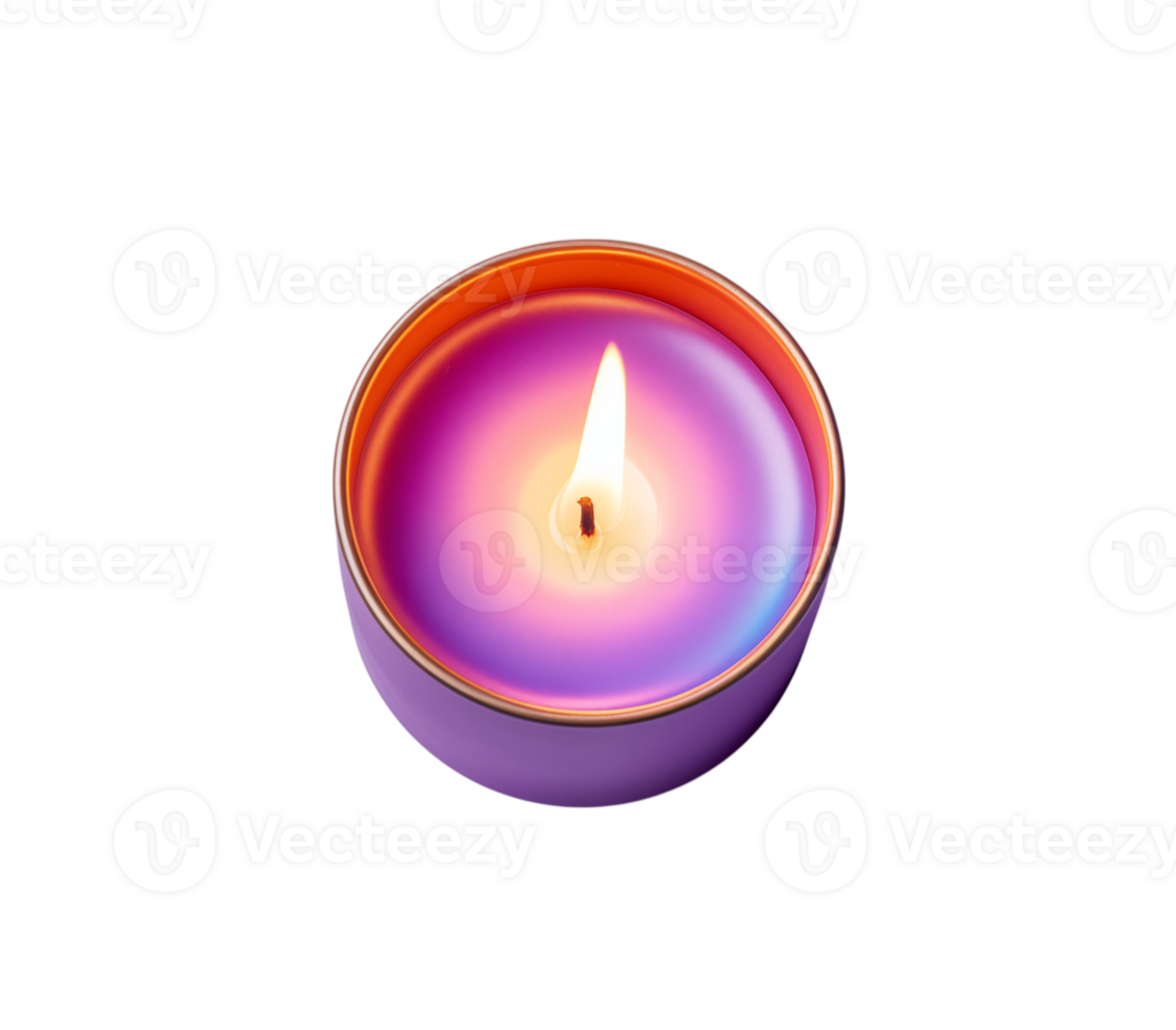 A close up of a lit candle in a purple container with a gold rim against a transparent background png