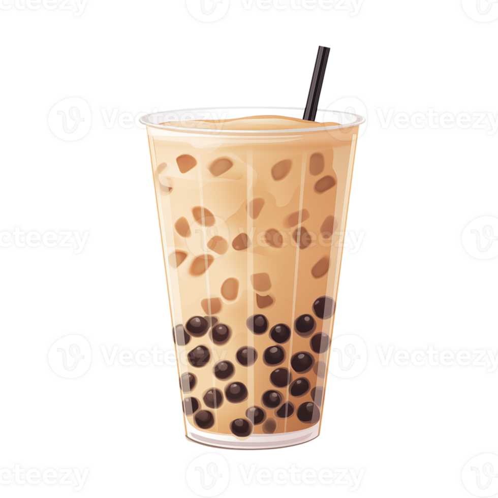 A refreshing boba tea drink in a clear plastic cup with a black straw against a transparent background image png