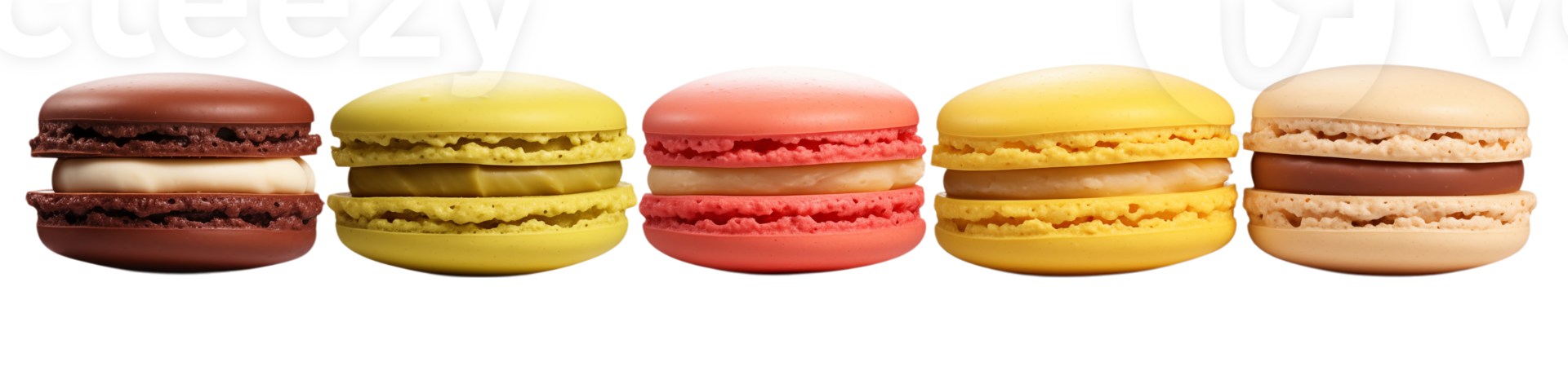 A row of five colorful macarons against a stark transparent background in a close up studio shot png