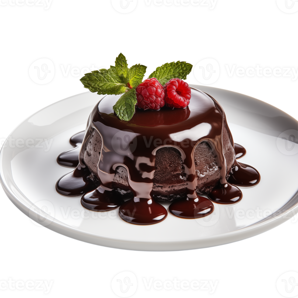 A chocolate lava cake with raspberries and mint on a white plate against a transparent background view close up png