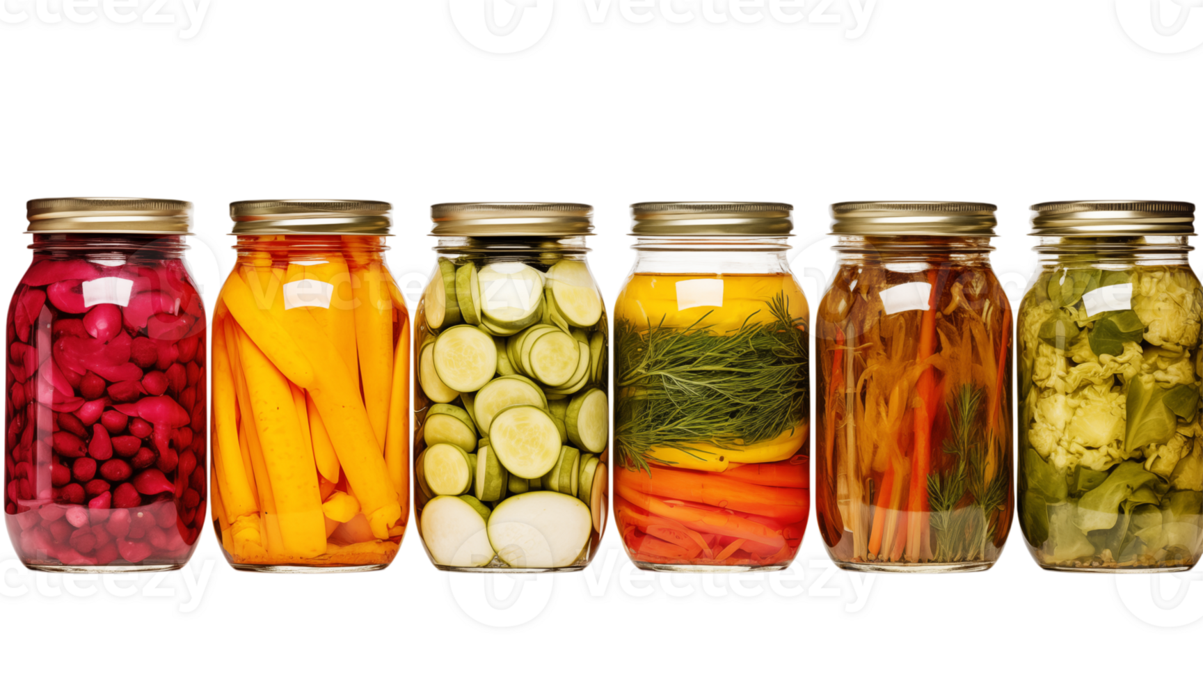 A row of six glass jars filled with various pickled vegetables against a transparent background display shot png