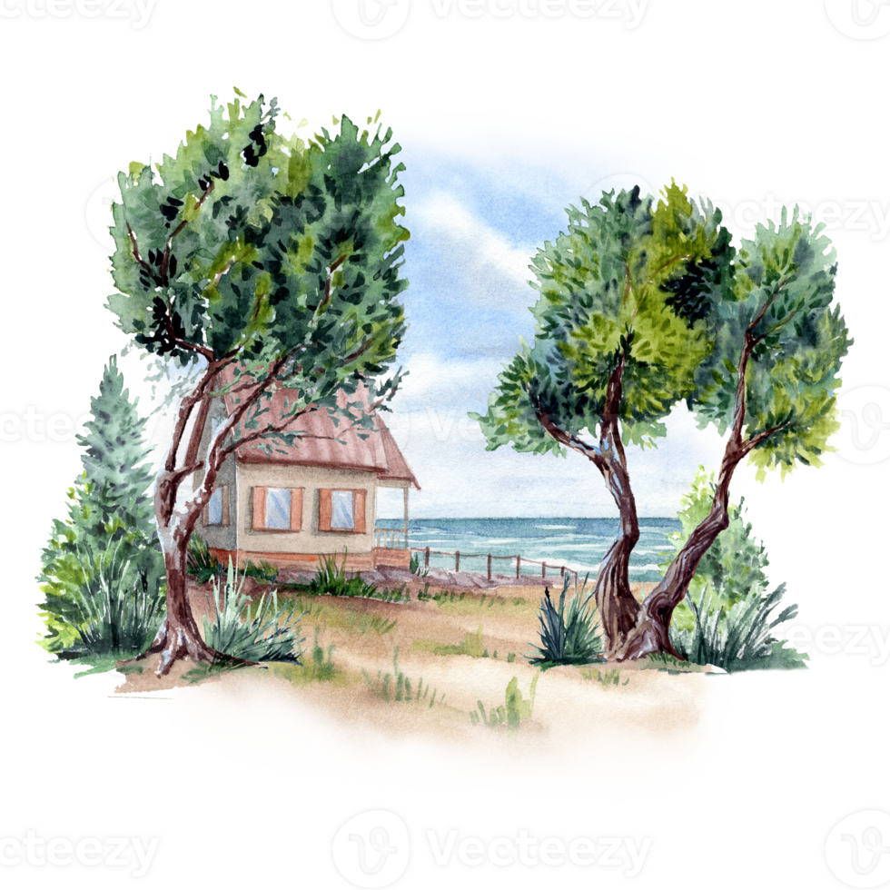 Seashore with trees on the sand and little rest house png