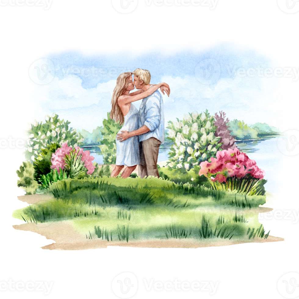 Young couple standing on the green Lawn with blooming flowers png