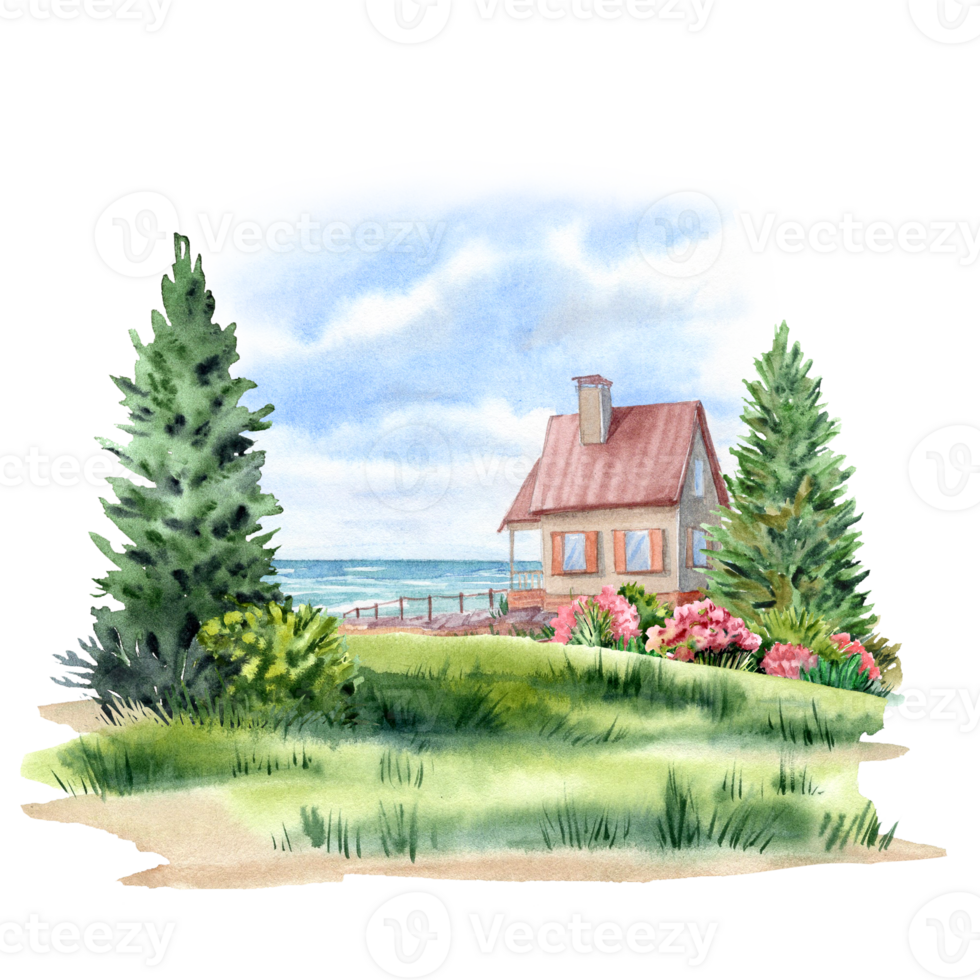 Seashore landscape with firs and little house png