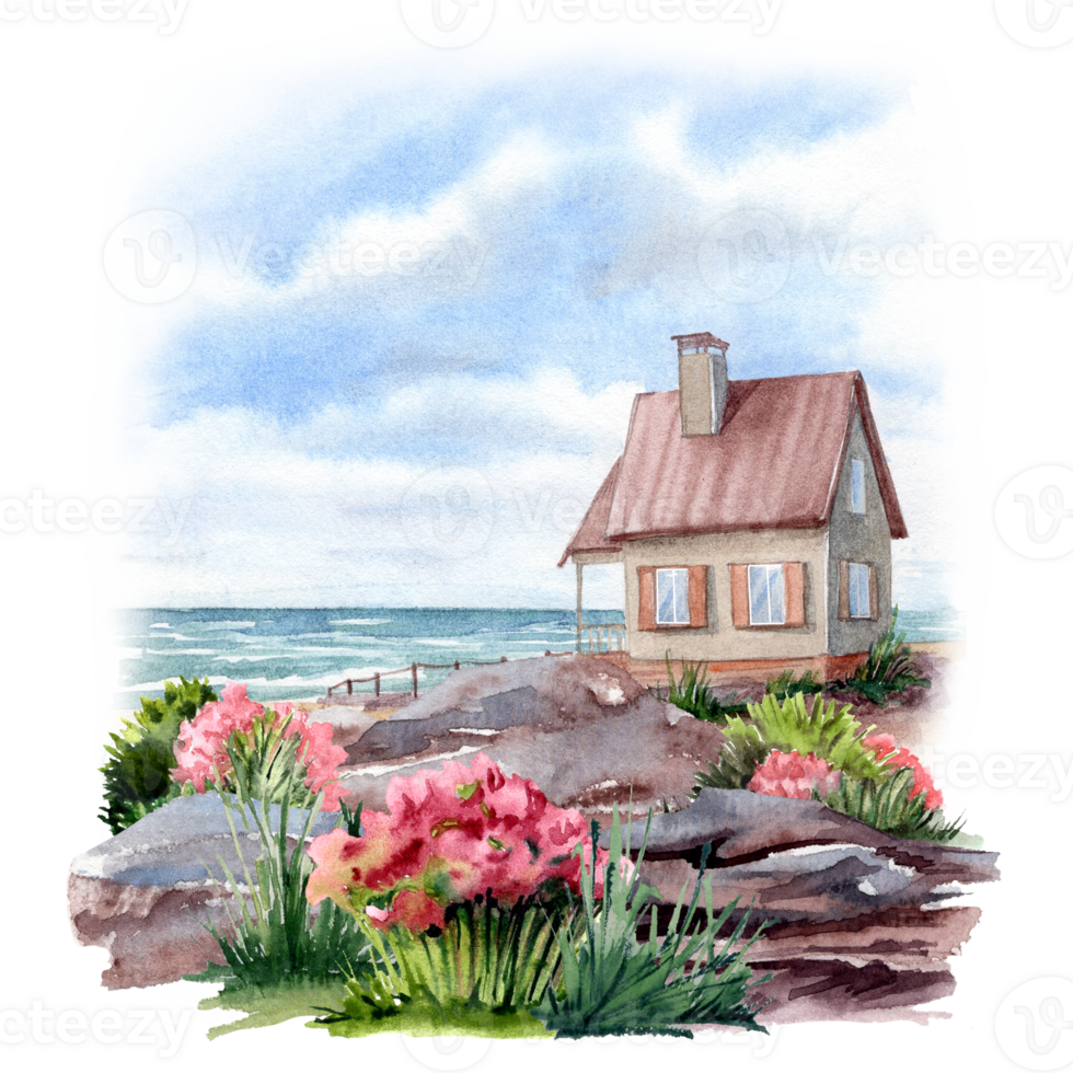 Seashore with rockes and little rest house png