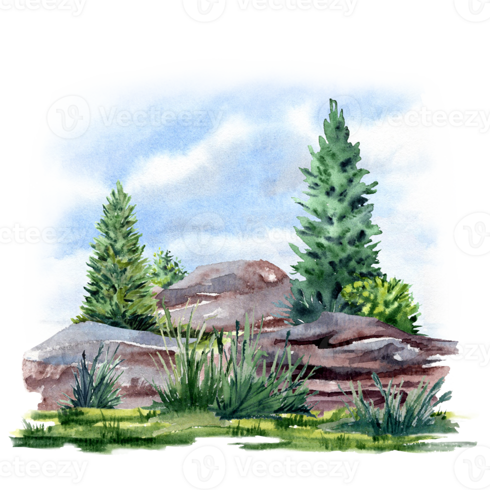 Rock with firs and grass in watercolor technique png