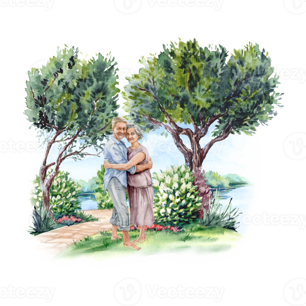 Senior pair in the nature on the riverside png
