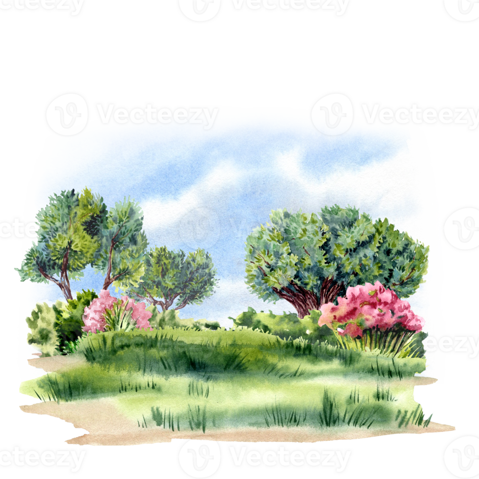 Watercolor painted lawn with blooming flowers and trees png