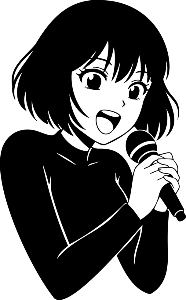 Monochromatic Anime Girl Singing with Microphone png