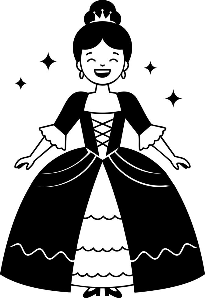Joyful Cartoon Queen with Bouquet in Elaborate Dress png
