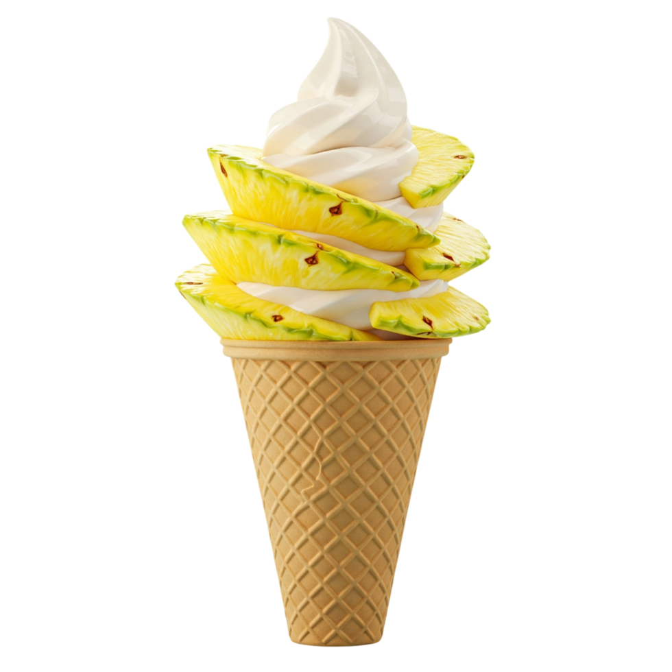 An ice cream cone with pineapple slices on top png
