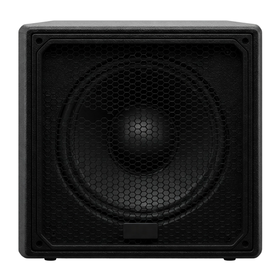 A black subwoofer with a mesh grill png