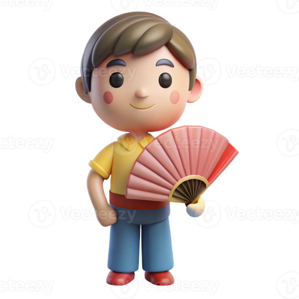 a 3D cartoon boy holding a fan png