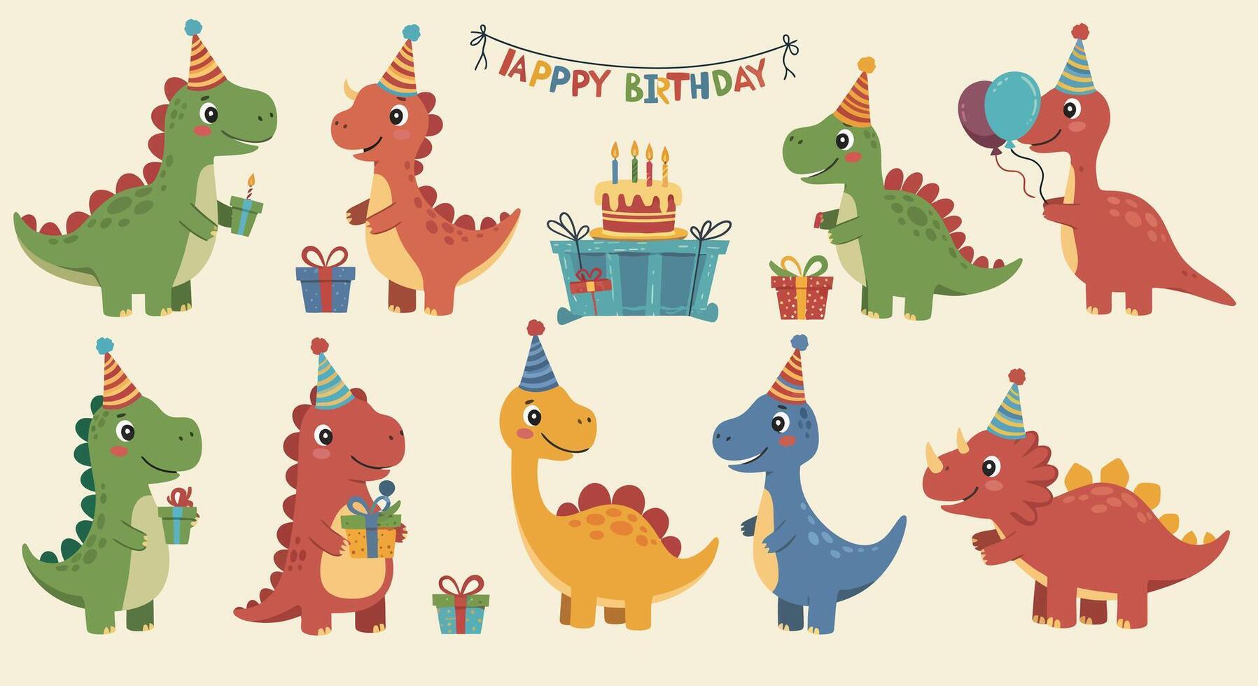 Dino Birthday Party Cartoon Dinosaurs. vector
