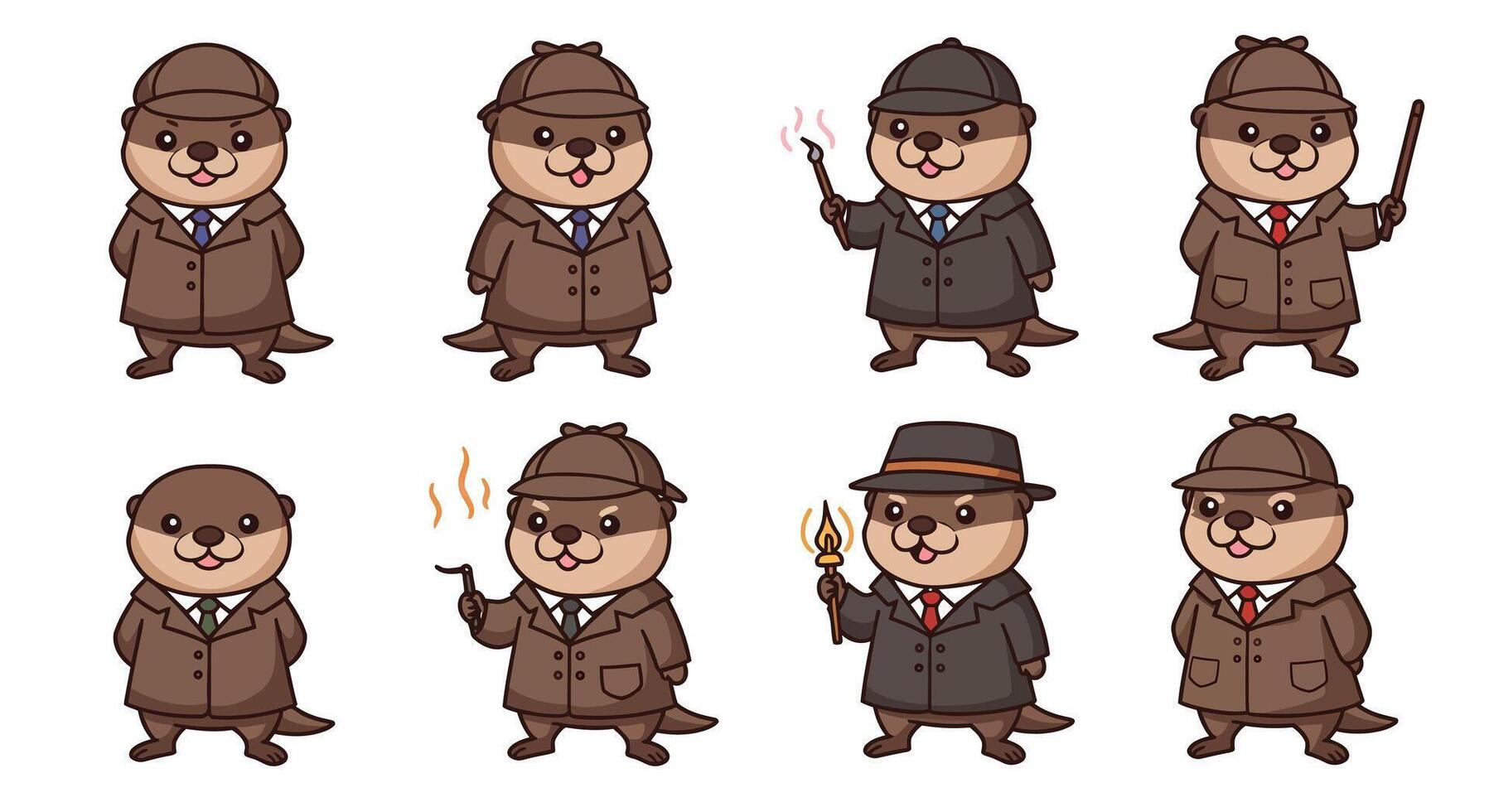 Otter Detective Cartoon Set with Illustration. vector