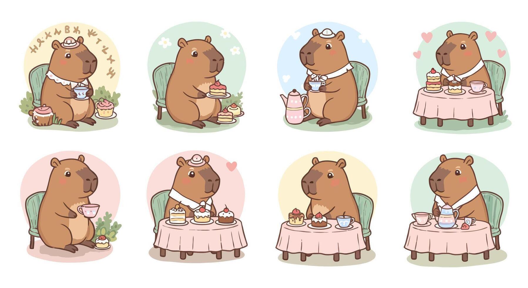 Cute Capybara Tea Party Set with Cartoon Style. vector
