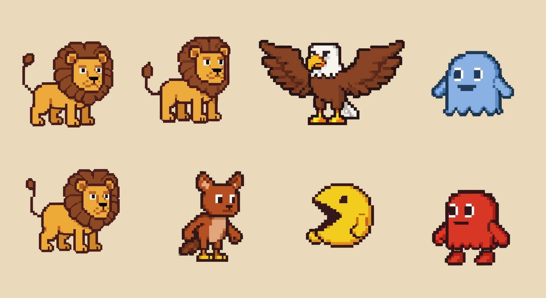 Pixel art Animals with Retro Game Icon Set. vector