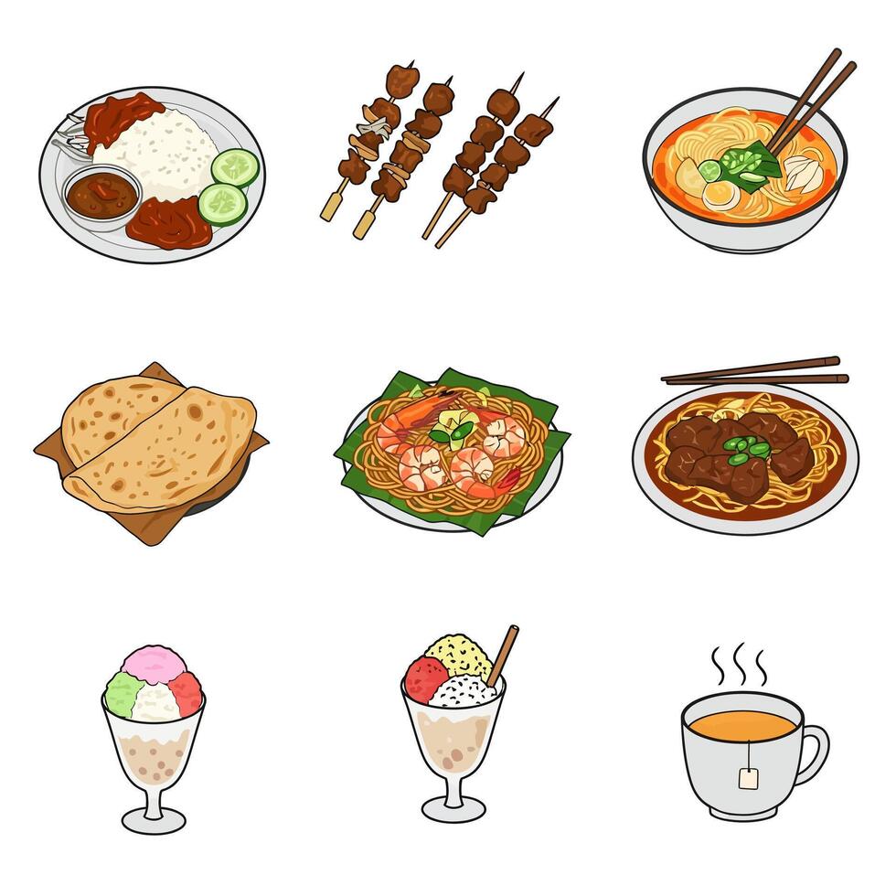 Asian Cuisine Icons Set of Food. vector