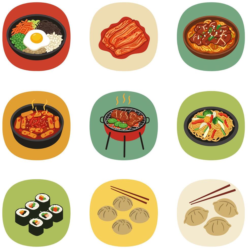 Korean food set Bibimbap with sushi and kimchi. vector