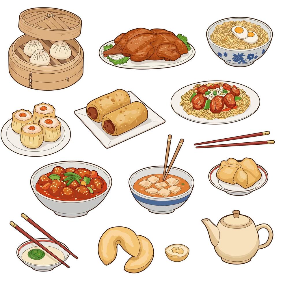 Asian Food Illustration with Chinese Cuisine Set. vector