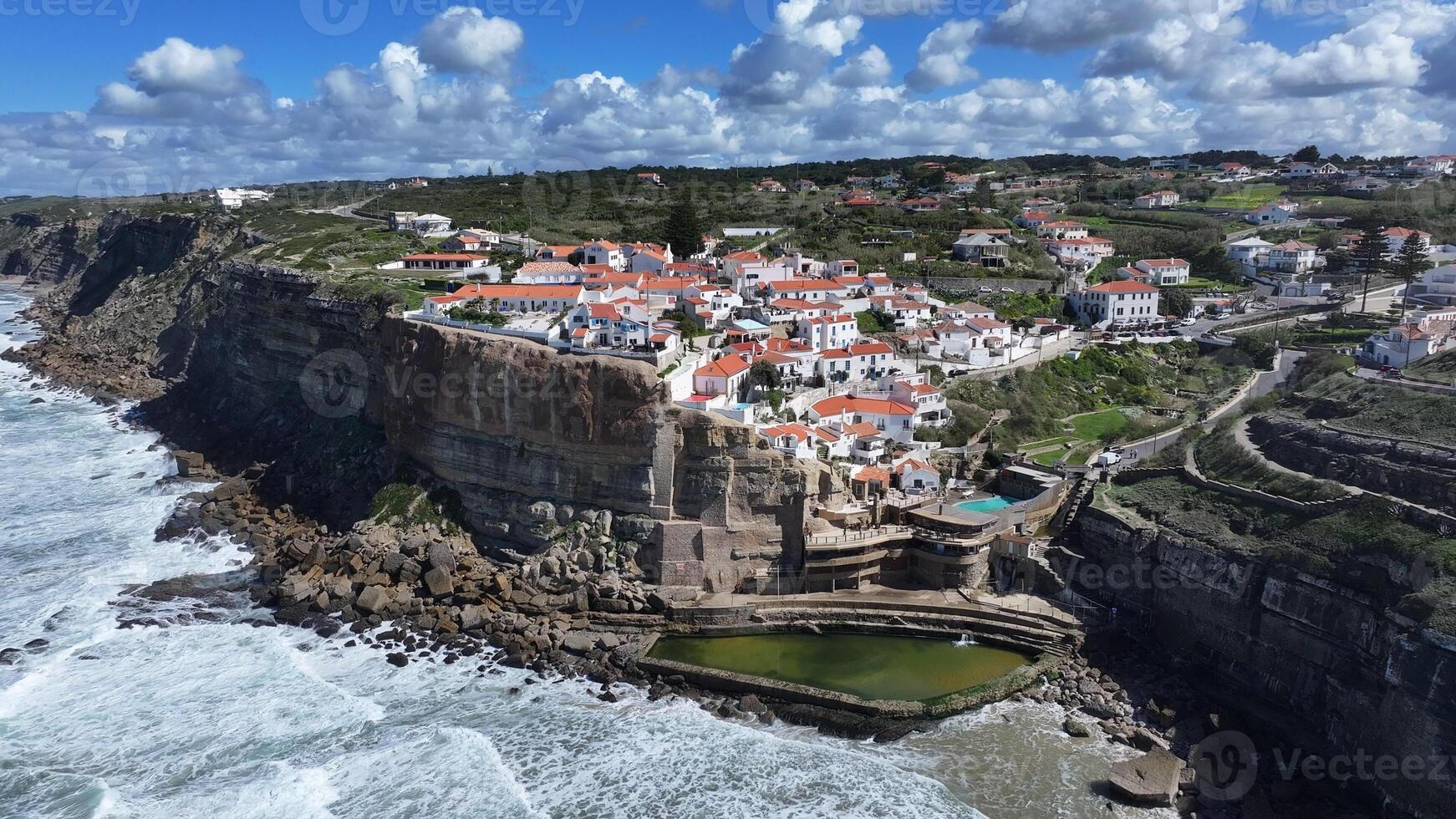 Aerial View of azenhas do mar beach at Sintra District of Lisbon in Portugal. Tropical Coastal. photo