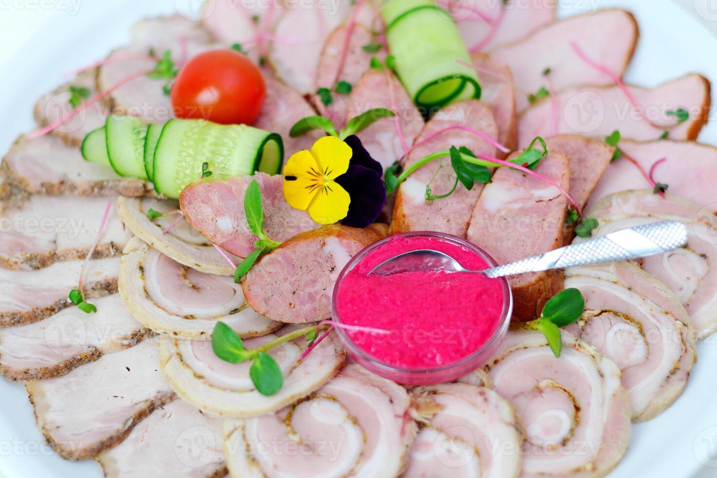 meat with horseradish Bavarian snack with smoked country ham with freshly grated horseradish on hearty farmhouse bread photo