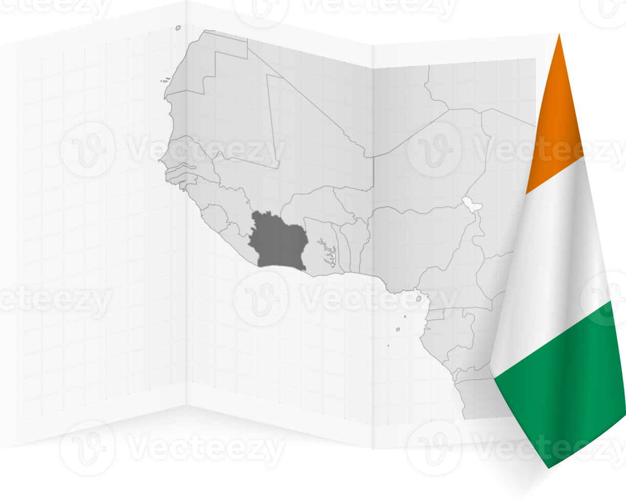 Ivory Coast grayscale map and hanging flag. png