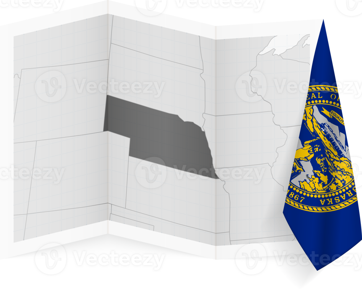 Nebraska grayscale map and hanging flag. png