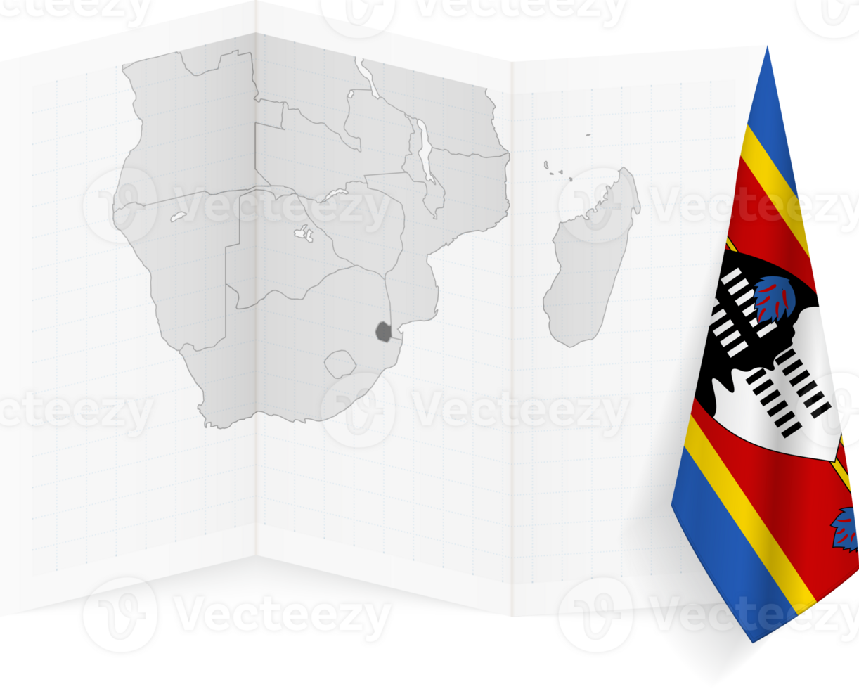 Swaziland grayscale map and hanging flag. png