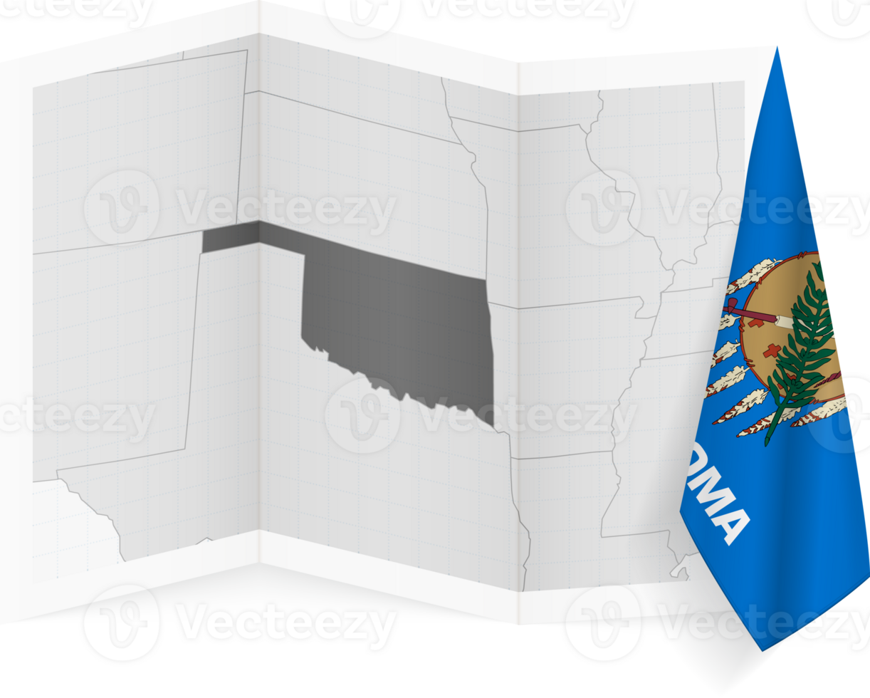 Oklahoma grayscale map and hanging flag. png