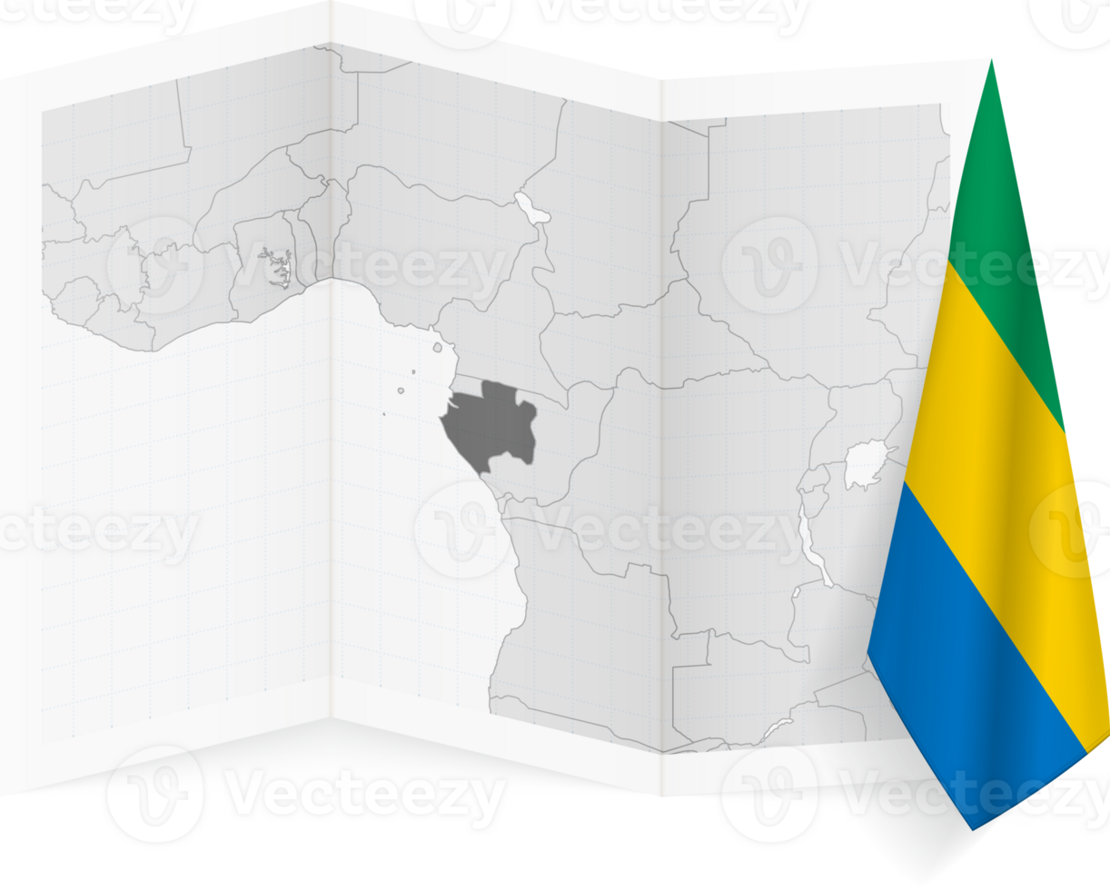 Gabon grayscale map and hanging flag. png