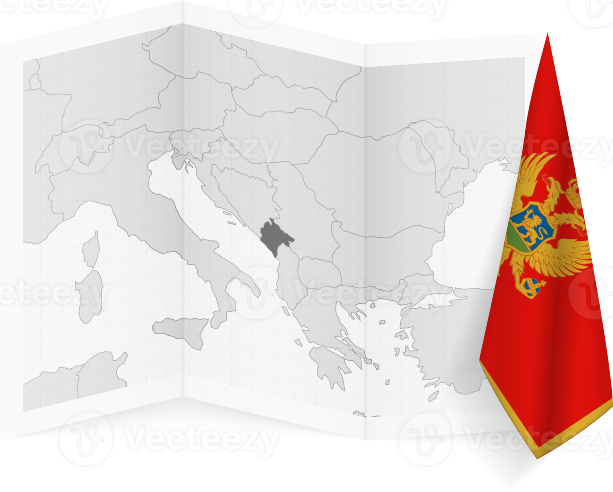 Montenegro grayscale map and hanging flag. png