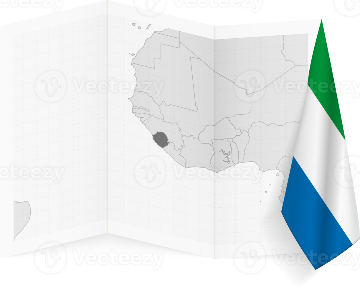 Sierra Leone grayscale map and hanging flag. png
