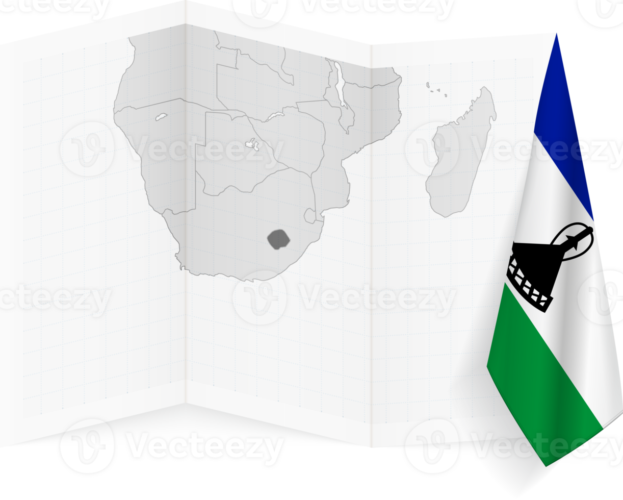 Lesotho grayscale map and hanging flag. png